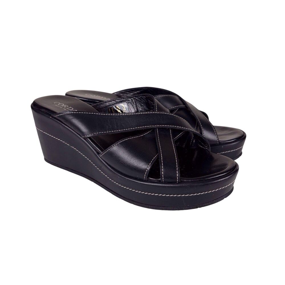 Cordani Leather Wedge Sandals Black Platform Slides Italy Size 8.5